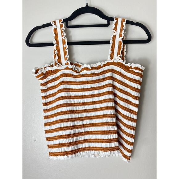 VERONICA BEARD TOP BROWN TAN WHITE RUCHED SMOCKED CROP STRIPED CAFE NEUTRAL - Picture 5 of 14